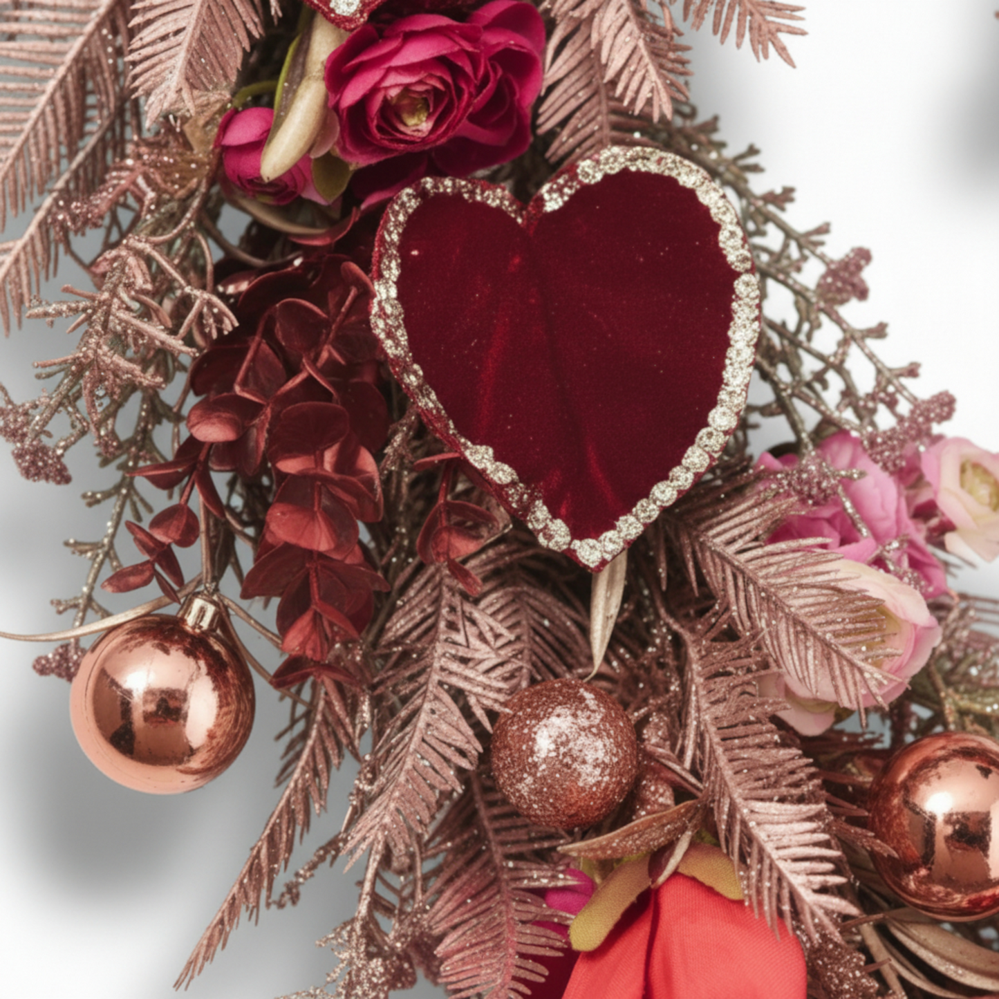 Handcrafted Romantic Iced Heart Wreath – Velvet Crimson Hearts & Rose Gold Baubles
