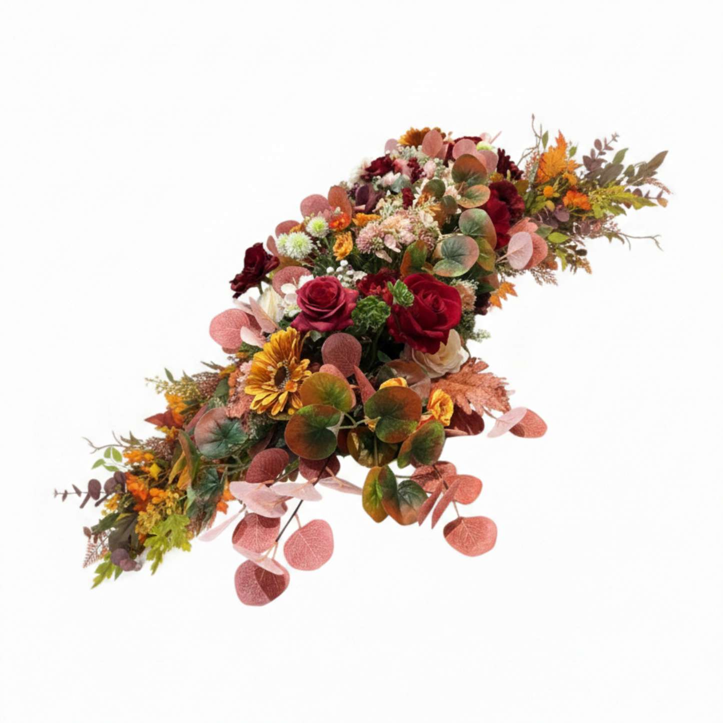 Crimson Dusk Floral Garland Luxury Autumnal Table Runner with Deep Red Roses