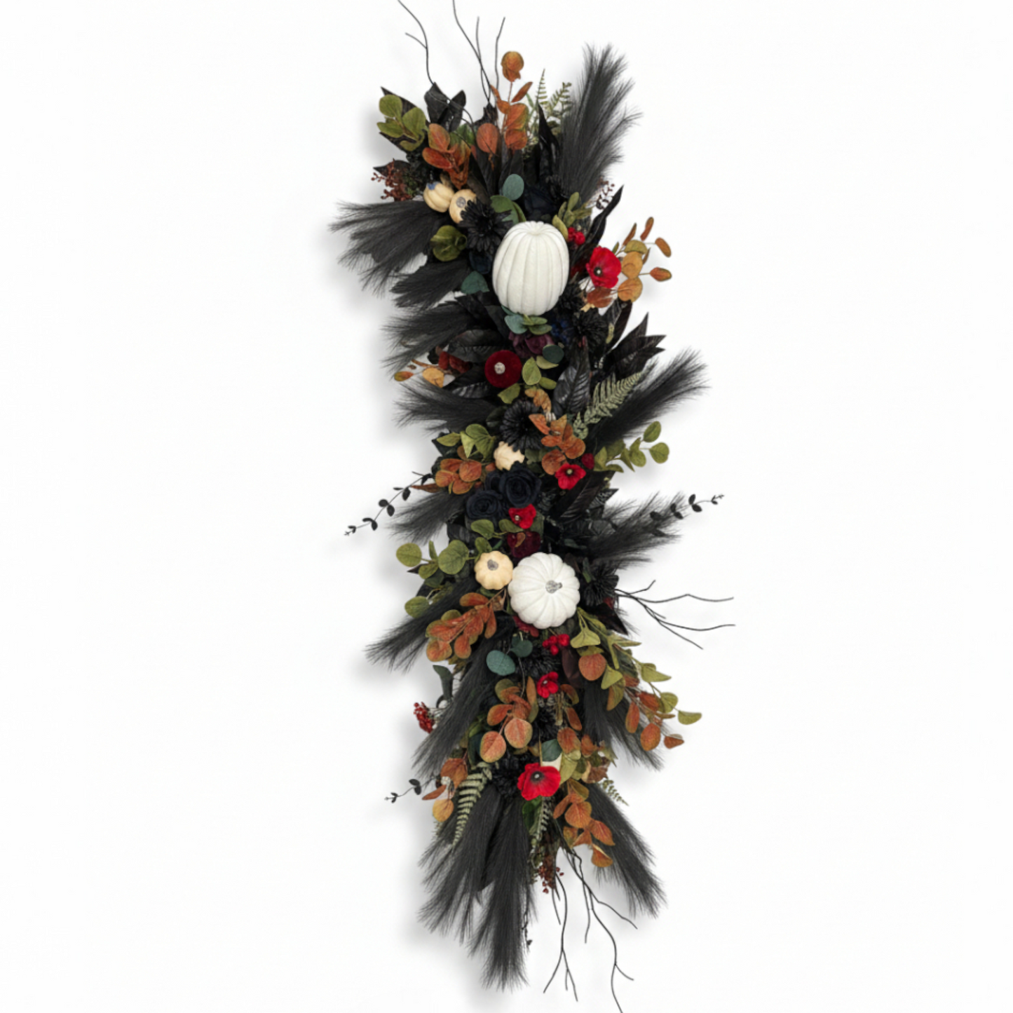 Midnight Harvest Floral Garland Luxury Gothic Autumnal Runner with White Pumpkins