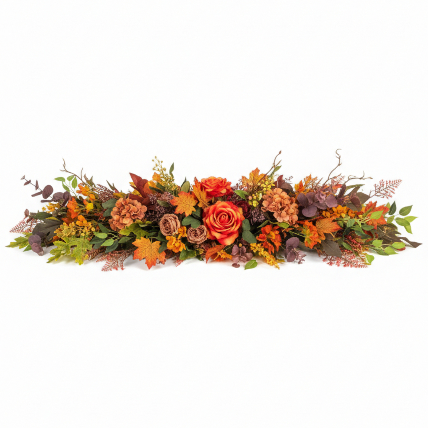 Autumnal Harmony Floral Centerpiece with Terracotta Roses and Maple Foliage