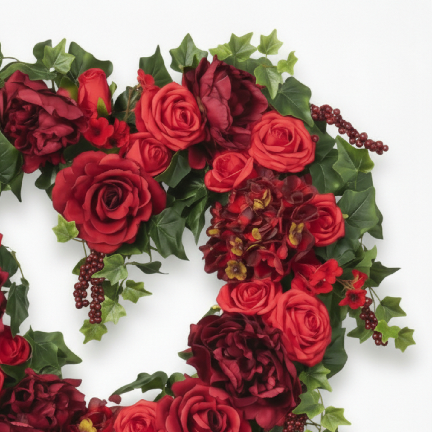 Handcrafted Romantic Heart-Shaped Wreath – Crimson Roses, Peonies & Ivy Decor