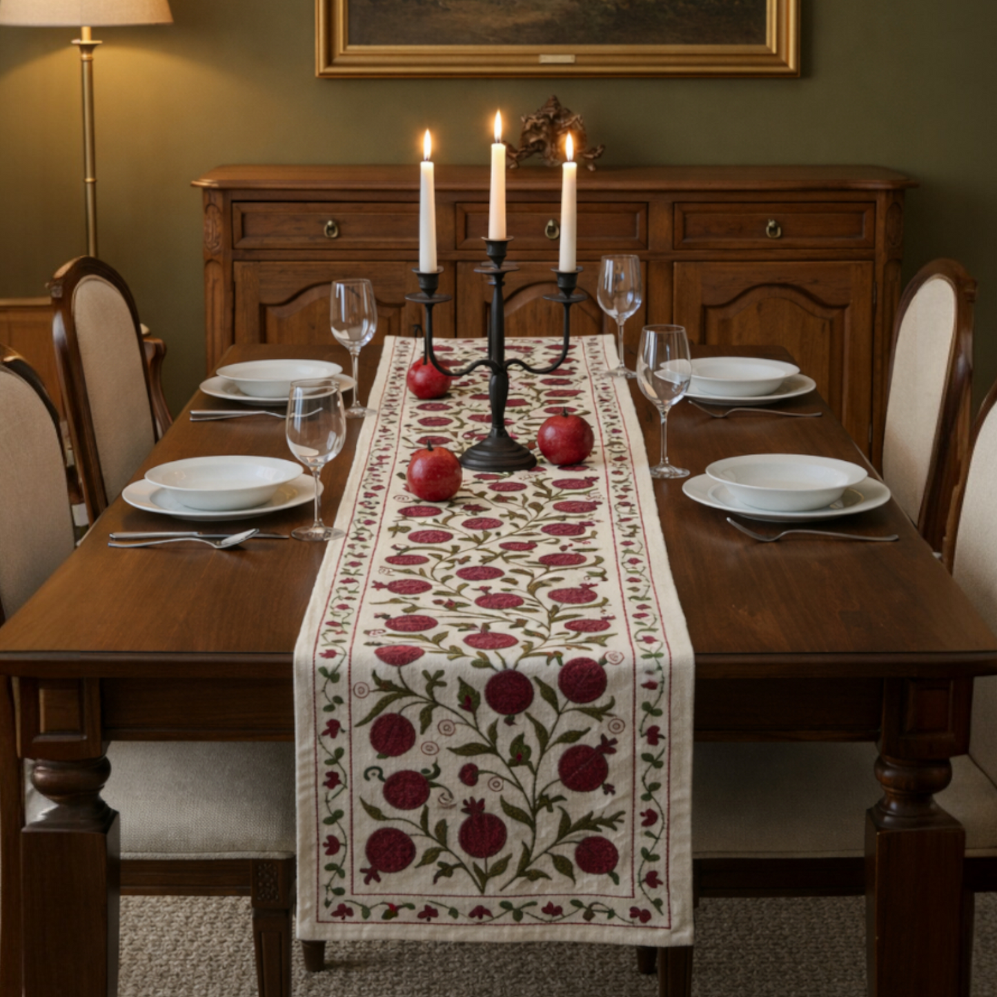 Artisanal Pomegranate Silk Embroidered Table Runner on Premium Cream Linen