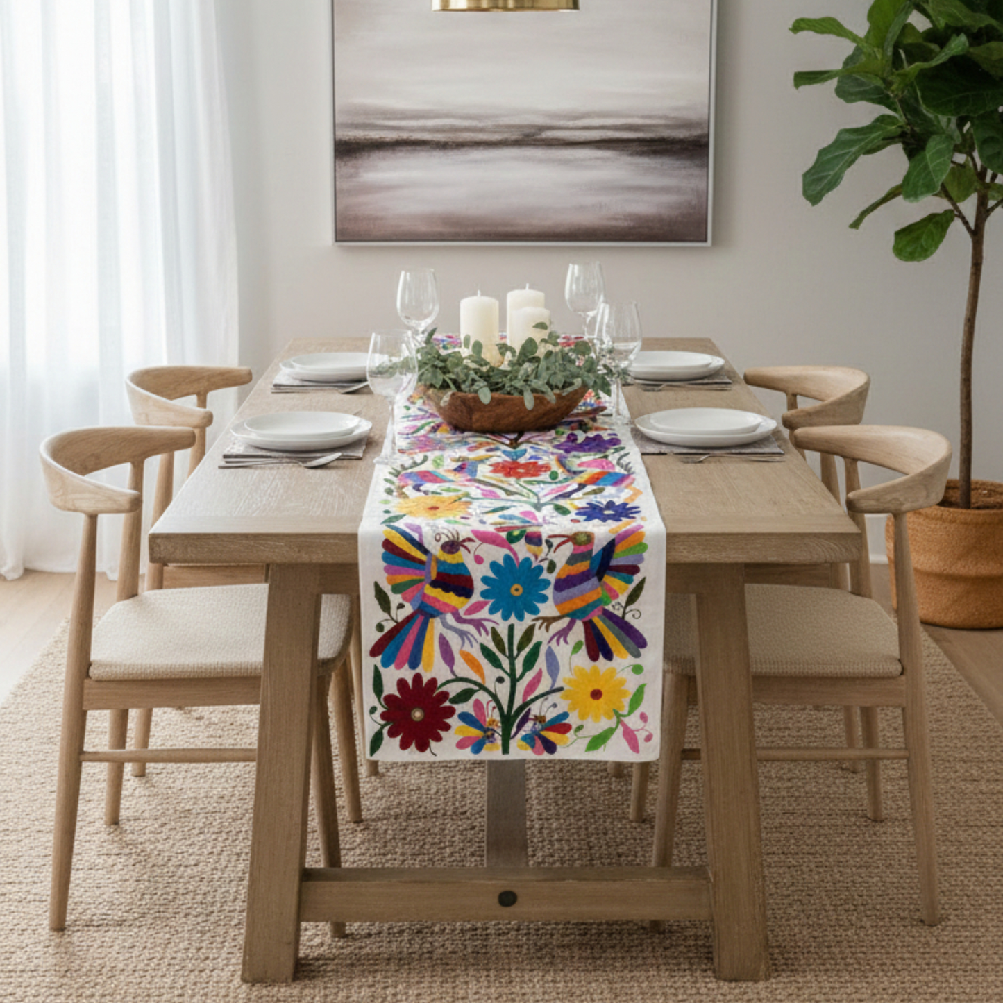 Artisanal Otomí-Inspired Embroidered Table Runner with Vibrant Heritage Motifs