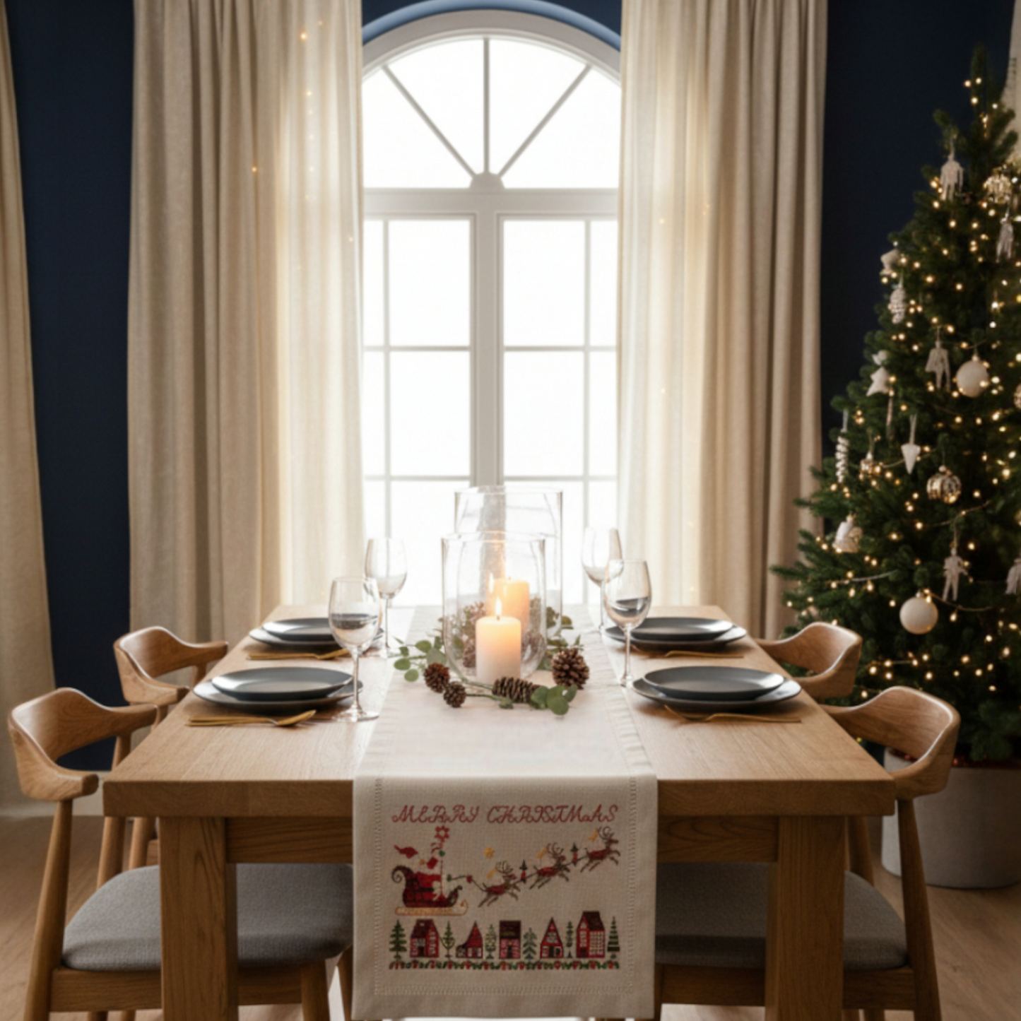 Embroidered Merry Christmas Table Runner with Santa's Sleigh and Reindeer Motif