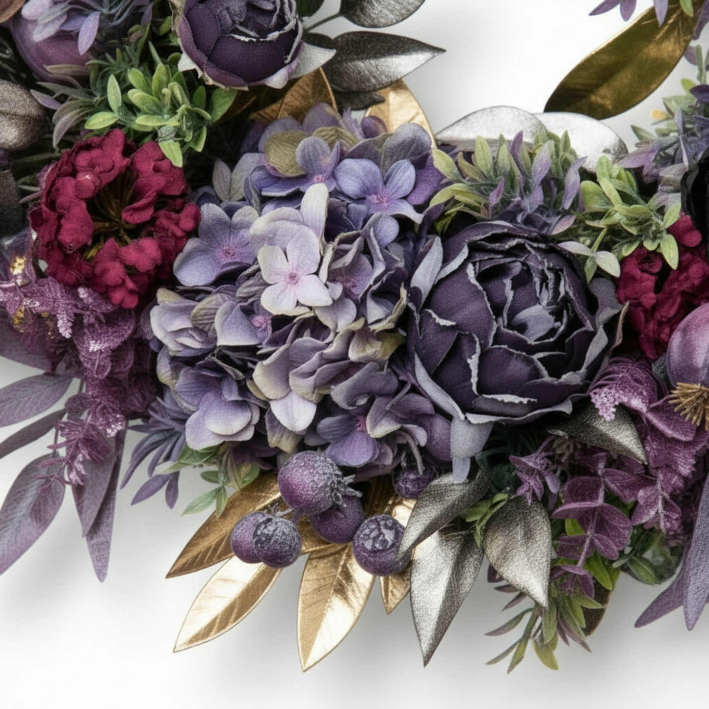 Royal Amethyst & Gilded Leaf Wreath – Luxury Peony and Hydrangea Decor