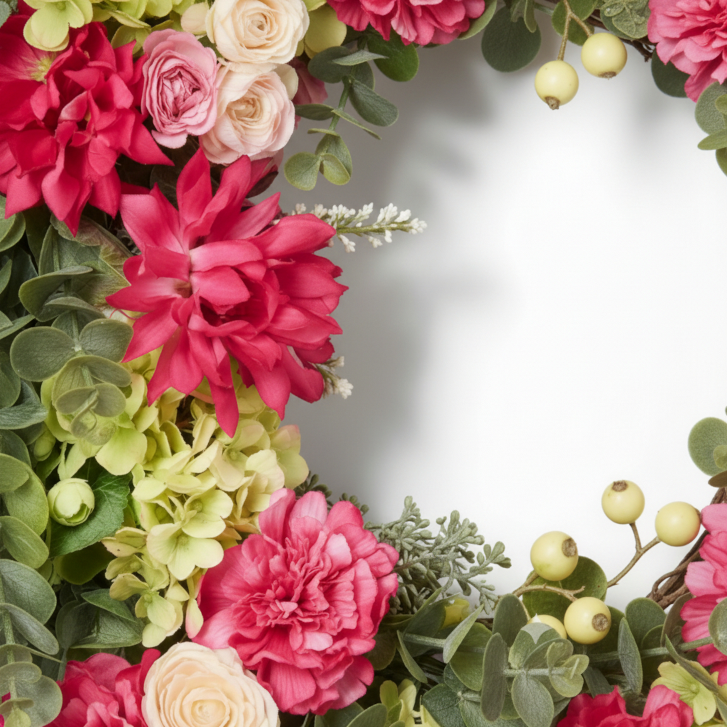 Handcrafted Pink Dahlia & Eucalyptus Home Wreath – Vibrant Interior Wall Decor
