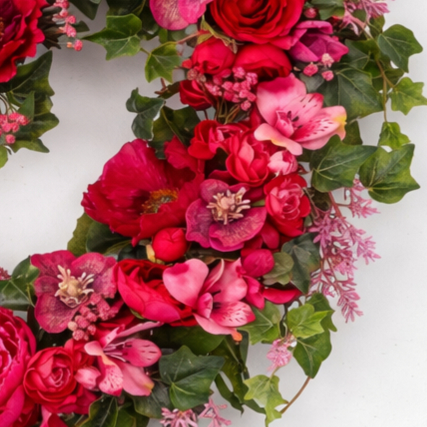 Handcrafted Grand Heart Meadow Wreath – Crimson Peonies, Spring Roses & Verdant Ivy