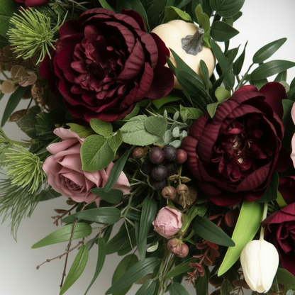 Handcrafted Classic Home Wreath – Burgundy Peony & Dusky Rose Floral Decor