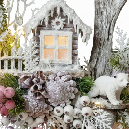 Handcrafted Enchanted Winter Forest Wreath – Led Lights, Polar Bears & Snowy Cabin Decor