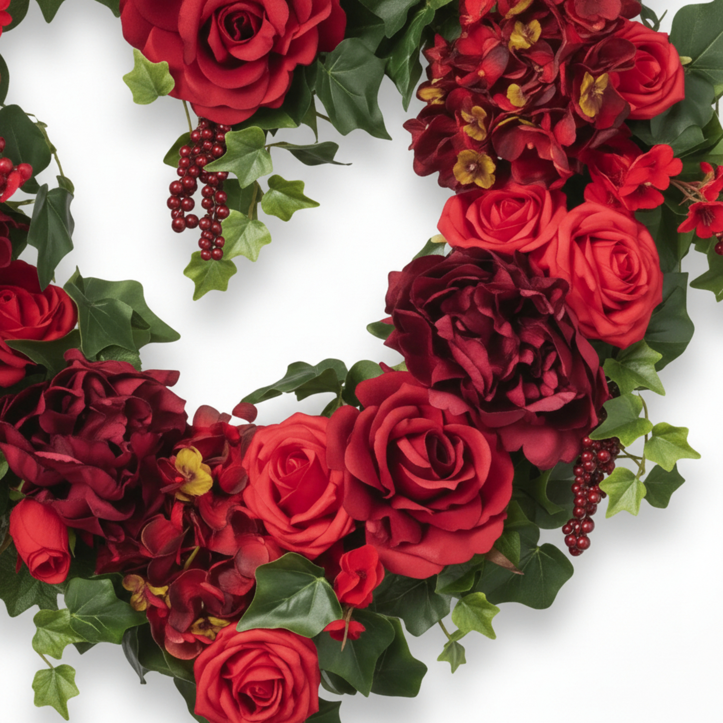 Handcrafted Romantic Heart-Shaped Wreath – Crimson Roses, Peonies & Ivy Decor