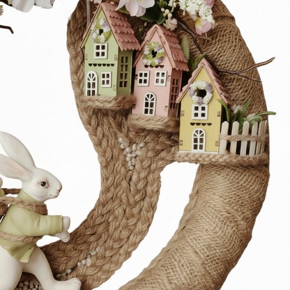 Handcrafted Easter Bunny & Blossom Wreath – Spring Miniature Village & Bunny Figurine