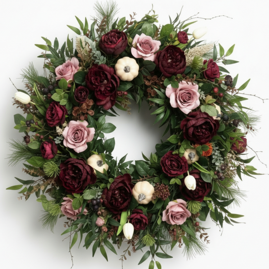 Handcrafted Classic Home Wreath – Burgundy Peony & Dusky Rose Floral Decor