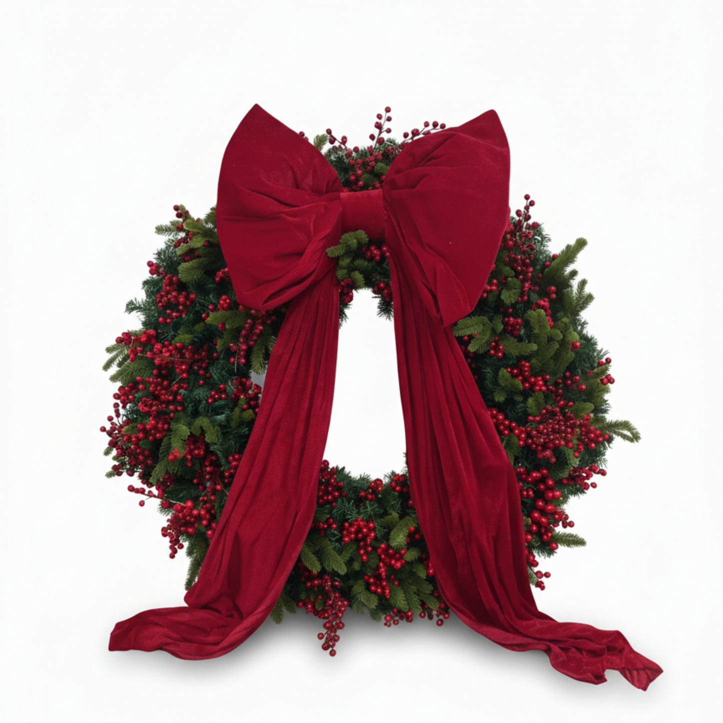 Handcrafted Festive Everlasting Wreath – Lush Berries & Oversized Crimson Velvet Bow