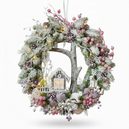 Handcrafted Enchanted Winter Forest Wreath – Led Lights, Polar Bears & Snowy Cabin Decor
