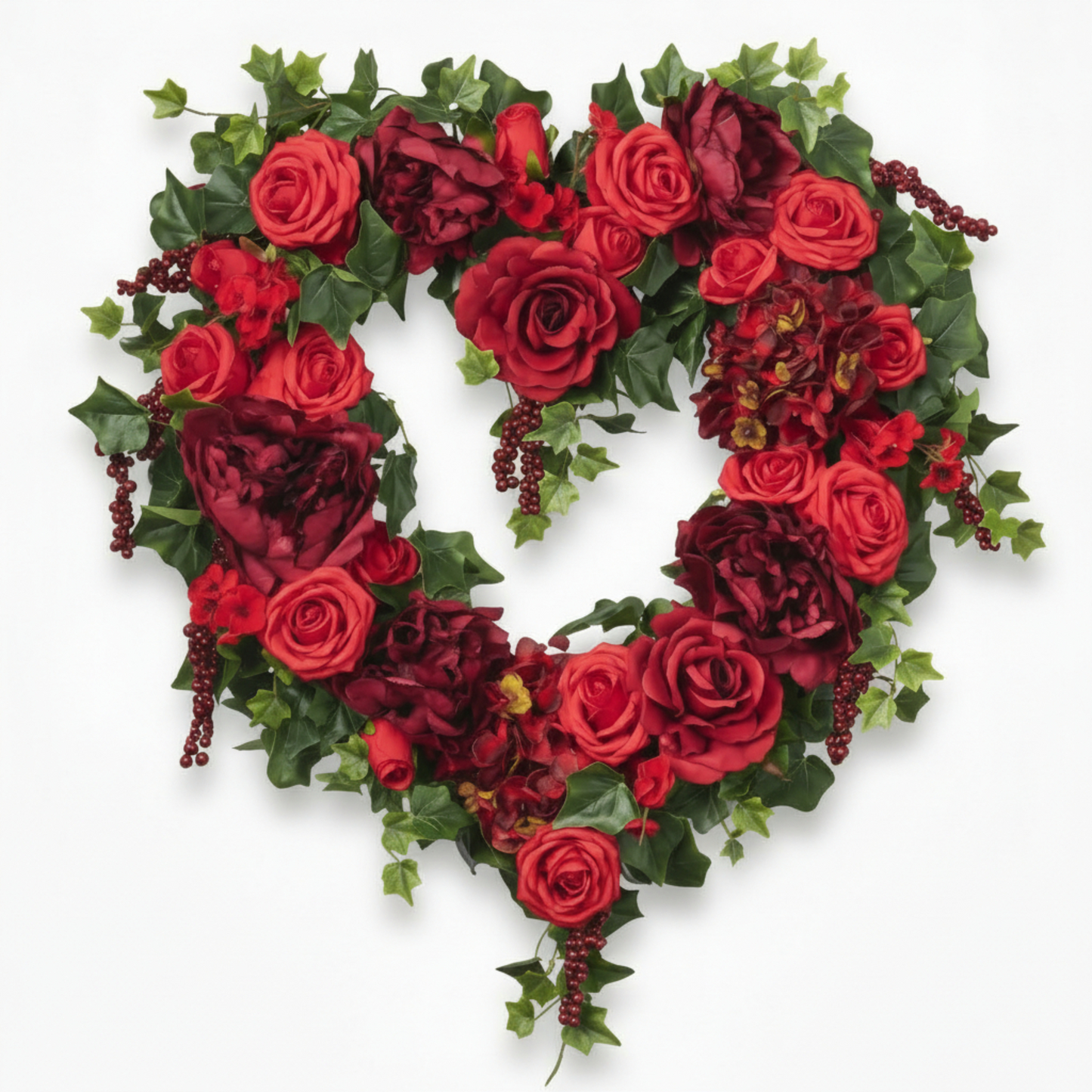 Handcrafted Romantic Heart-Shaped Wreath – Crimson Roses, Peonies & Ivy Decor