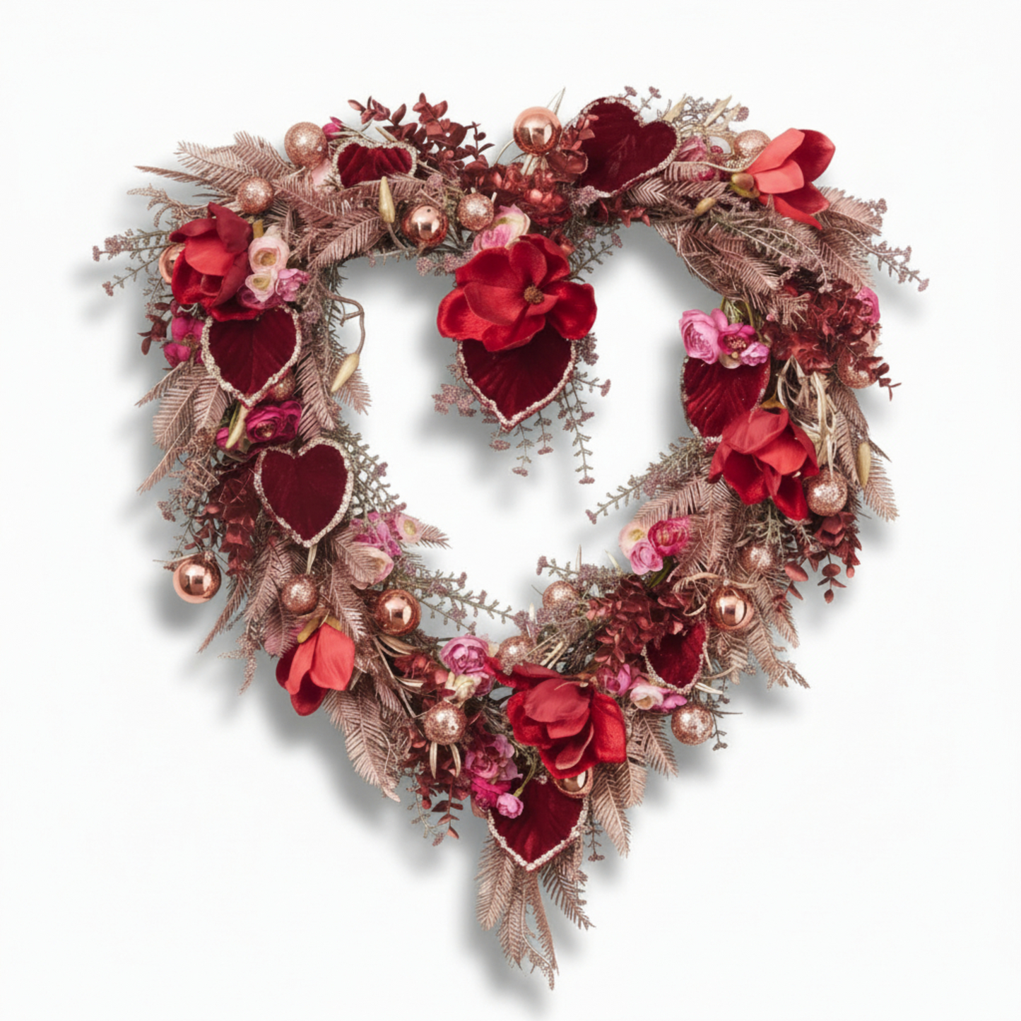 Handcrafted Romantic Iced Heart Wreath – Velvet Crimson Hearts & Rose Gold Baubles