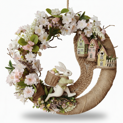Handcrafted Easter Bunny & Blossom Wreath – Spring Miniature Village & Bunny Figurine
