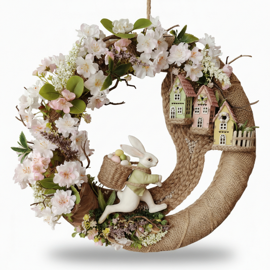 Handcrafted Easter Bunny & Blossom Wreath – Spring Miniature Village & Bunny Figurine
