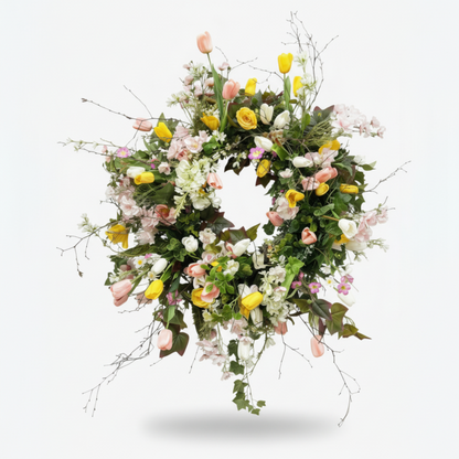 Handcrafted Garden Meadow Wreath – Vibrant Spring Tulips & Cascading Wildflowers