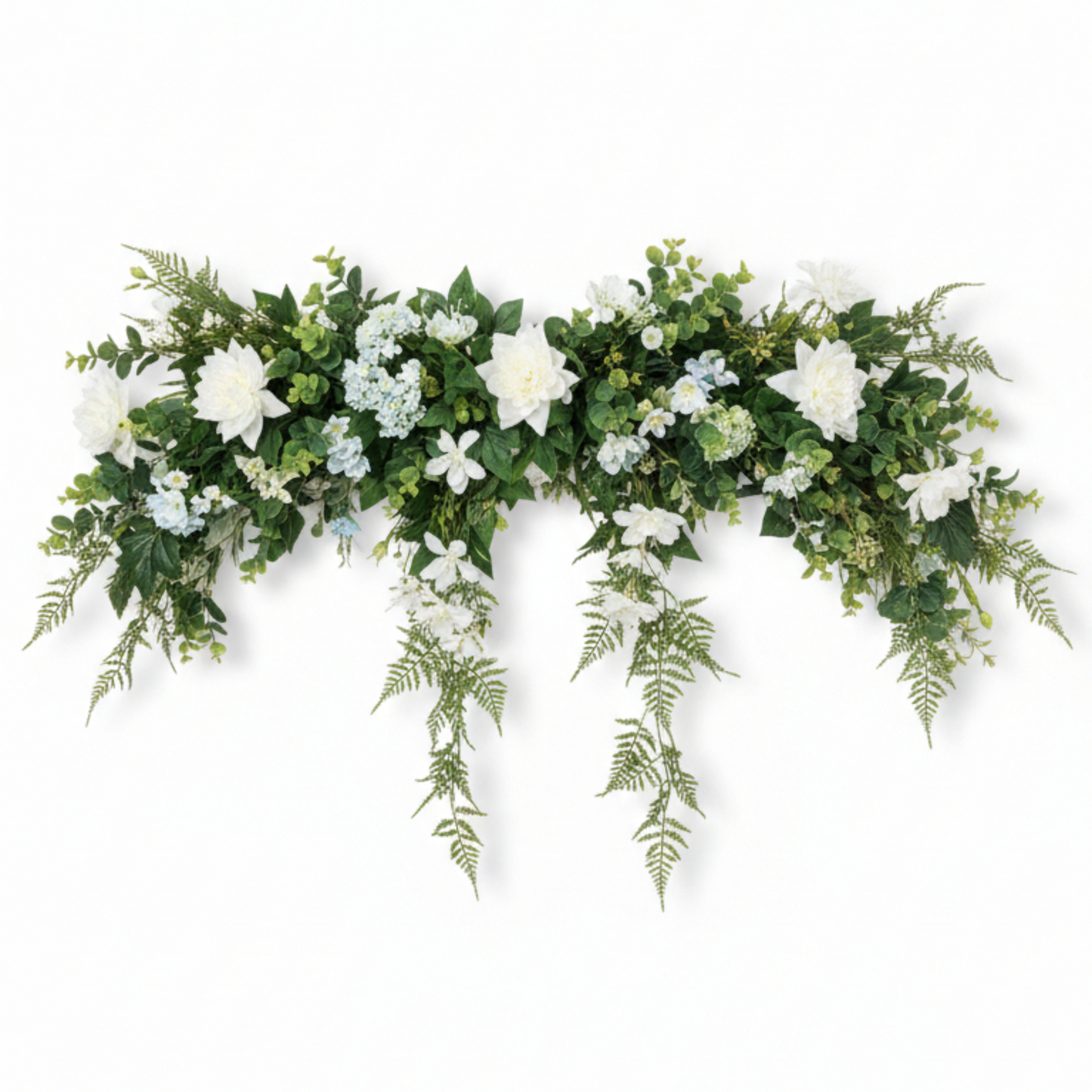 Ethereal White Bloom Installation Luxury Floral Mantle Decor with Cascading Ferns