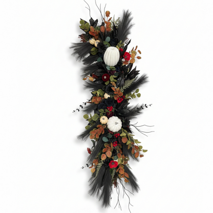 Midnight Harvest Floral Garland Luxury Gothic Autumnal Runner with White Pumpkins