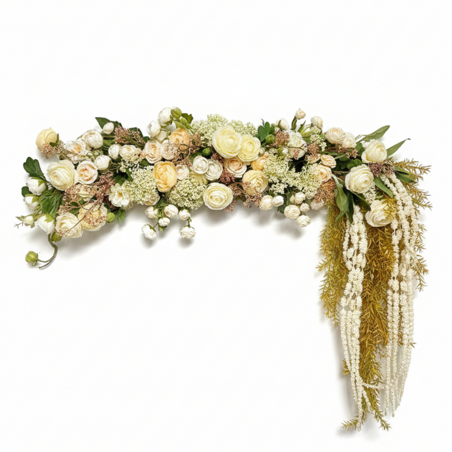 Champagne Cascade Floral Lintel Luxury Cream Ranunculus Garland with Golden Ferns