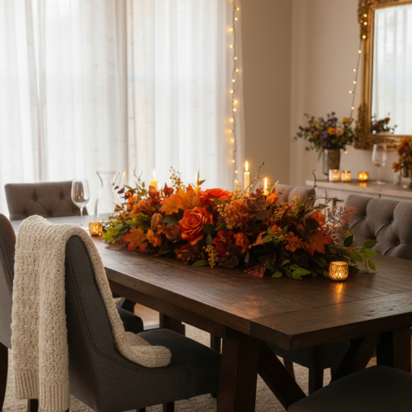 Autumnal Harmony Floral Centerpiece with Terracotta Roses and Maple Foliage