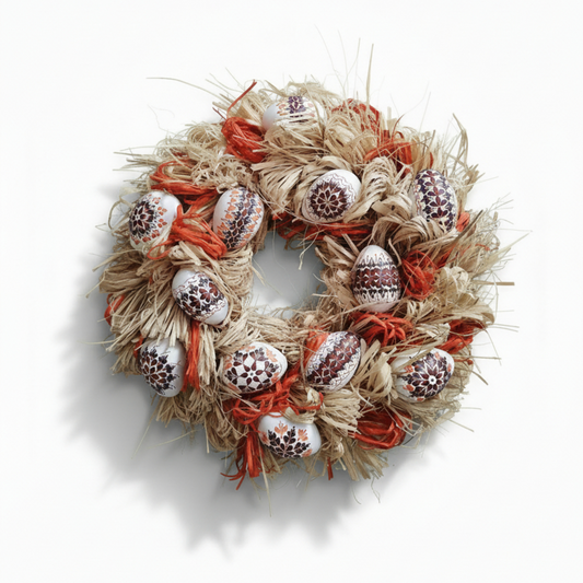 Handcrafted Easter Straw Wreath – Traditional Nest Decor with Painted Eggs
