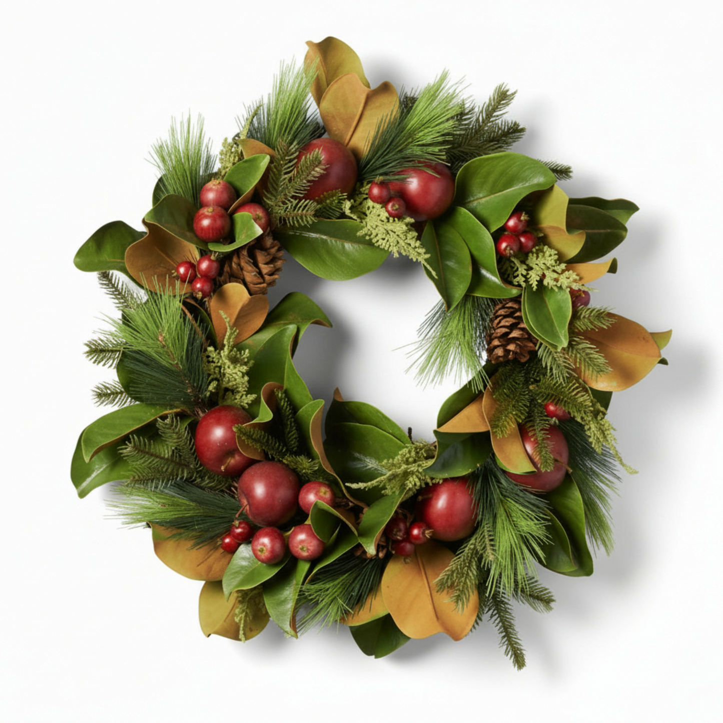 Handcrafted Magnolia & Apple Winter Wreath – Evergreen Pine & Cone Decor