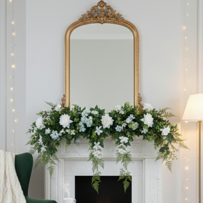 Ethereal White Bloom Installation Luxury Floral Mantle Decor with Cascading Ferns
