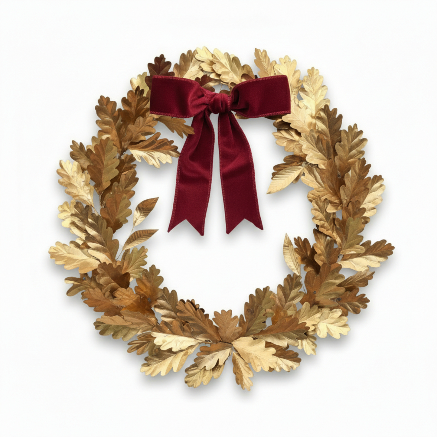 Gilded Oak Leaf Wreath with Velvet Crimson Bow – Golden Autumn & Holiday Decor