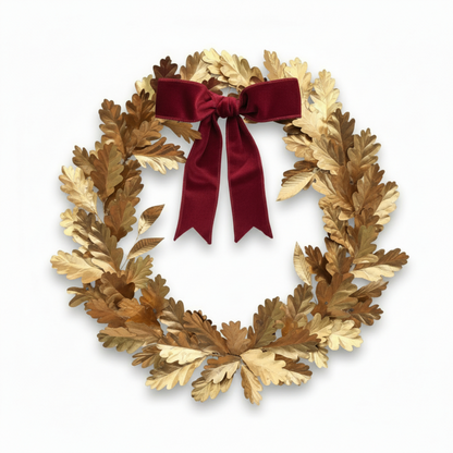 Gilded Oak Leaf Wreath with Velvet Crimson Bow – Golden Autumn & Holiday Decor