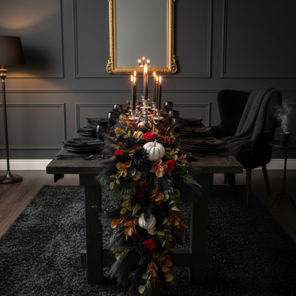 Midnight Harvest Floral Garland Luxury Gothic Autumnal Runner with White Pumpkins