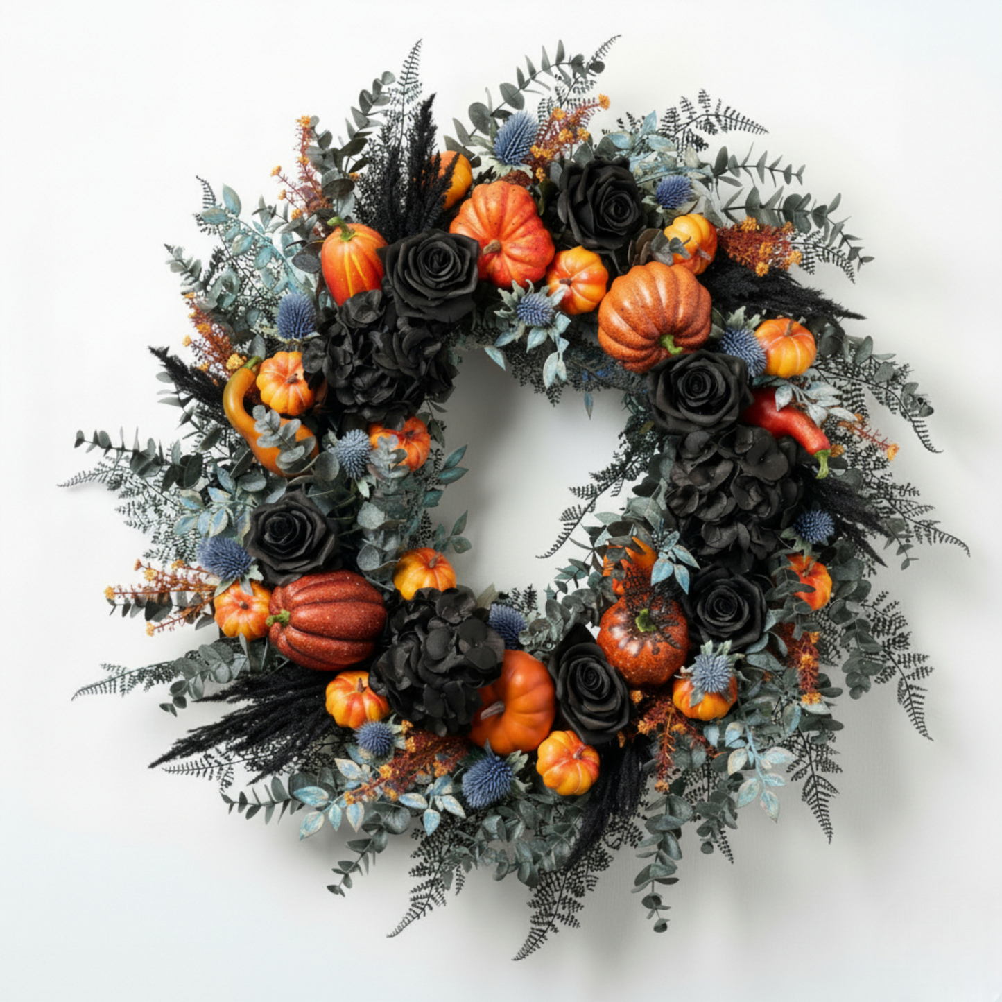 Midnight Harvest Halloween Wreath – Black Roses, Pumpkins & Thistle Decor