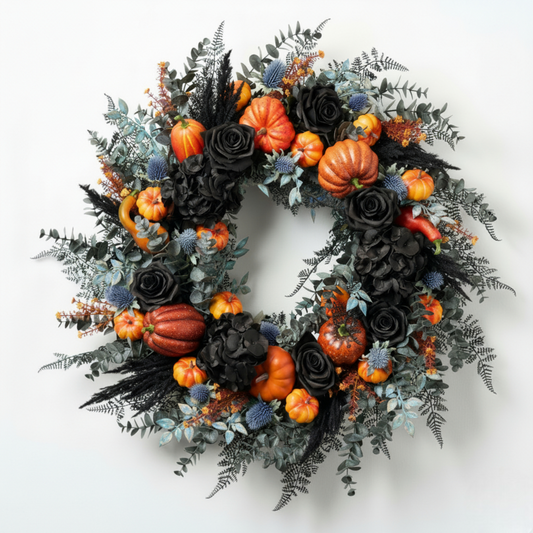Midnight Harvest Halloween Wreath – Black Roses, Pumpkins & Thistle Decor