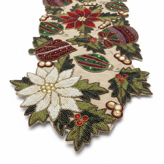 Luxe Beaded Poinsettia Holiday Runner with Artisanal Gemstone Accents