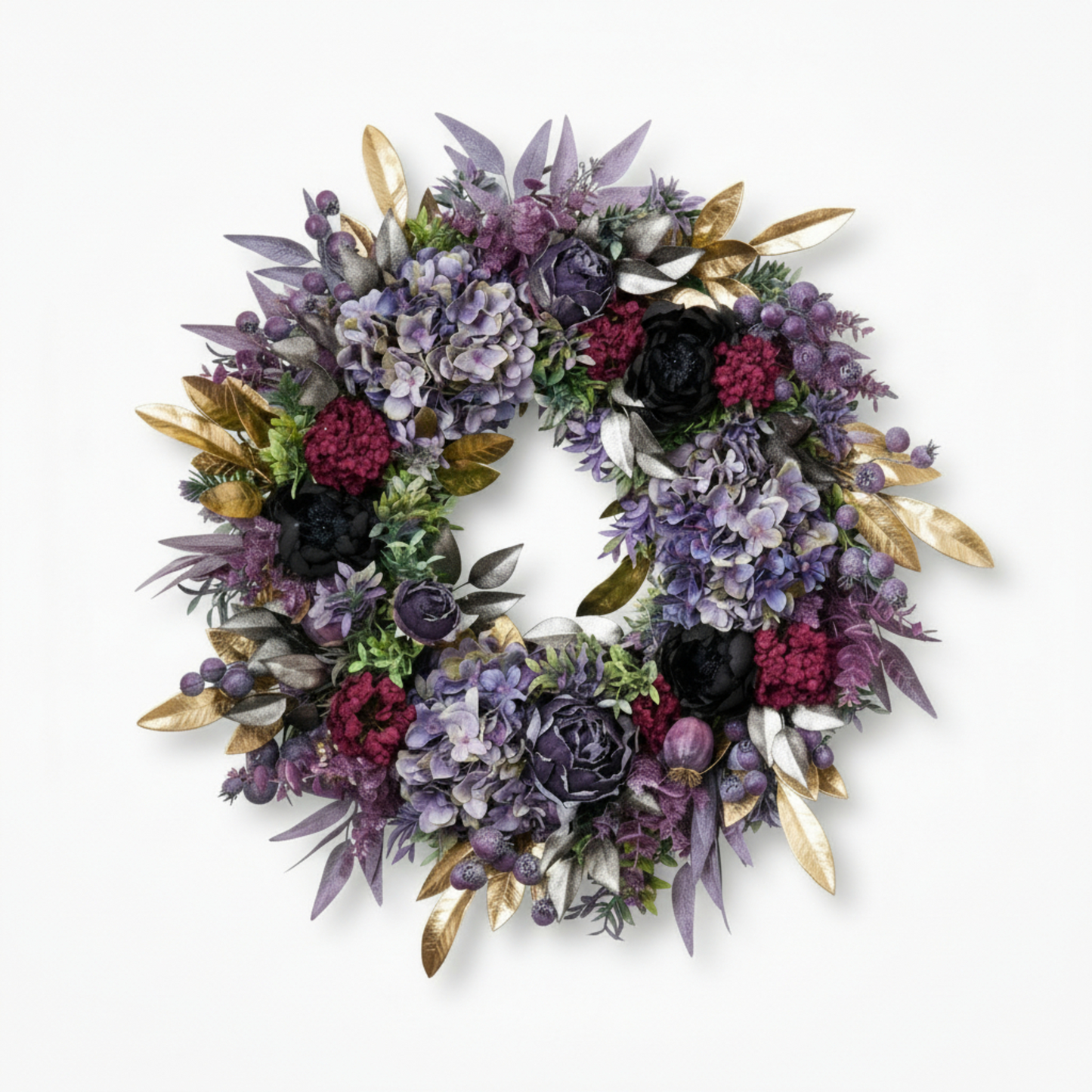 Royal Amethyst & Gilded Leaf Wreath – Luxury Peony and Hydrangea Decor