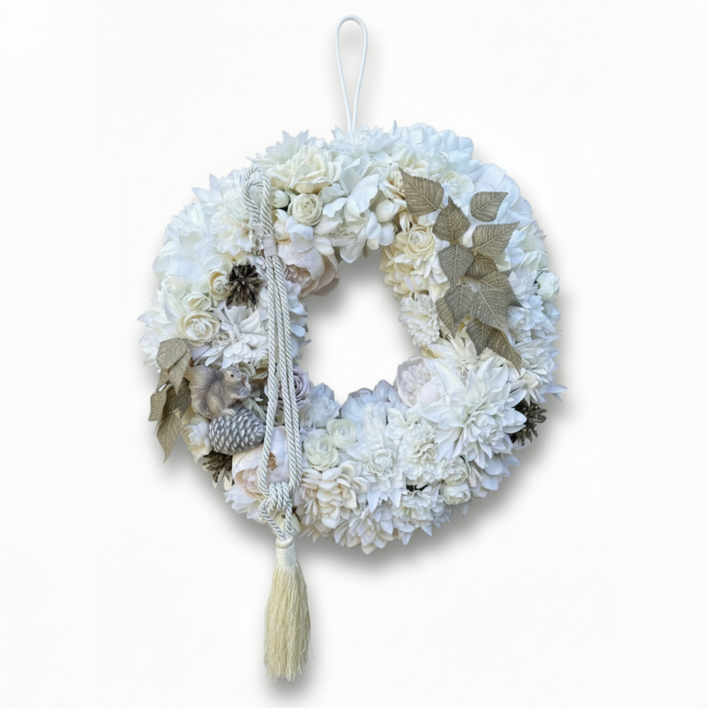 Winter Wonderland Floral Wreath – White Peony, Pine Cone & Squirrel Decor