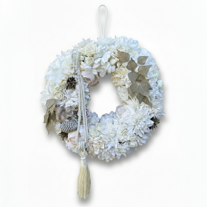 Winter Wonderland Floral Wreath – White Peony, Pine Cone & Squirrel Decor