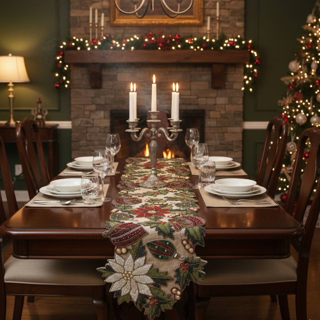 Luxe Beaded Poinsettia Holiday Runner with Artisanal Gemstone Accents