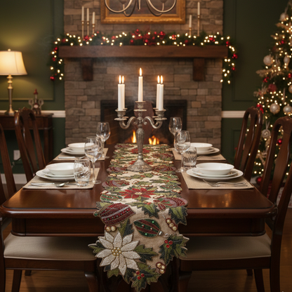 Luxe Beaded Poinsettia Holiday Runner with Artisanal Gemstone Accents