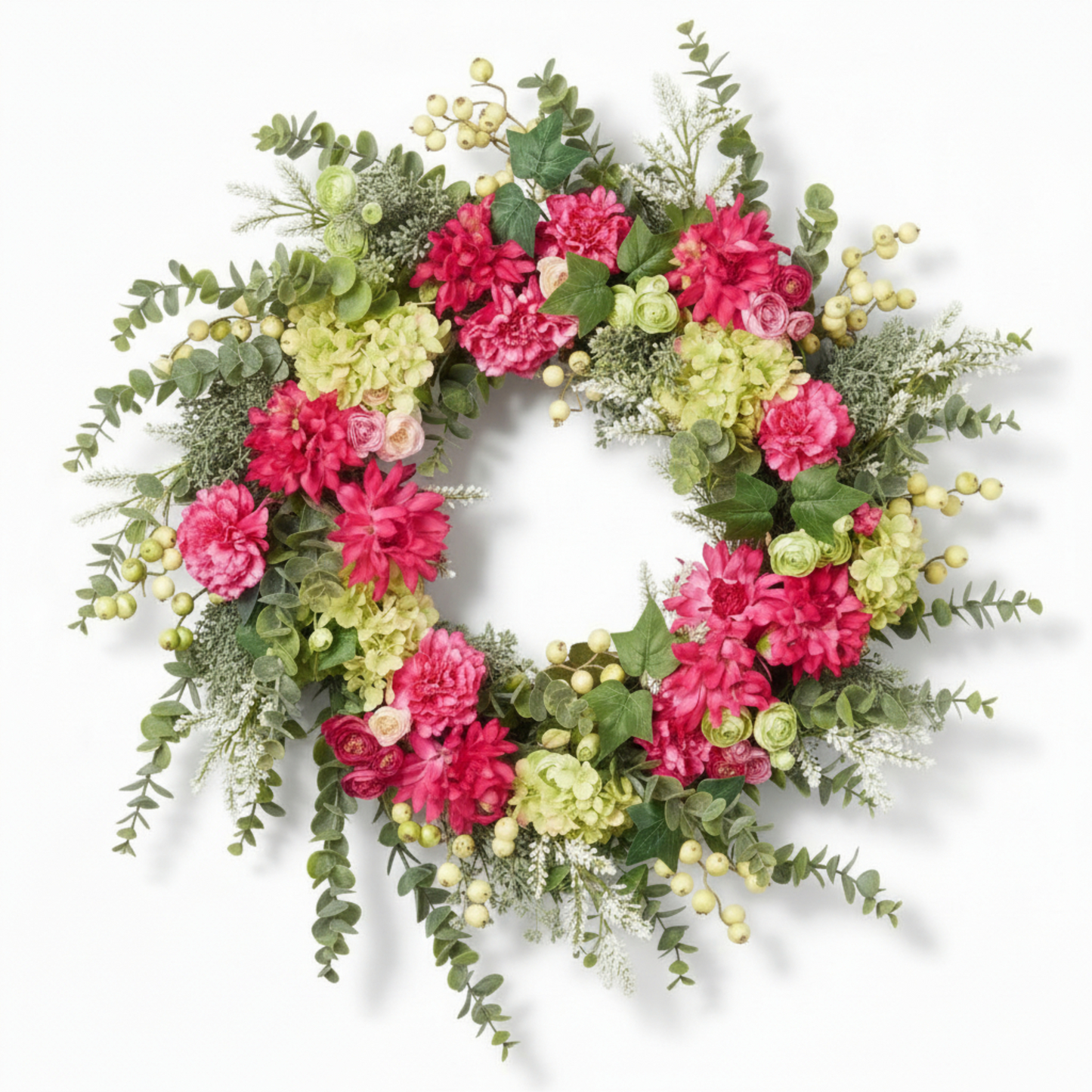 Handcrafted Pink Dahlia & Eucalyptus Home Wreath – Vibrant Interior Wall Decor