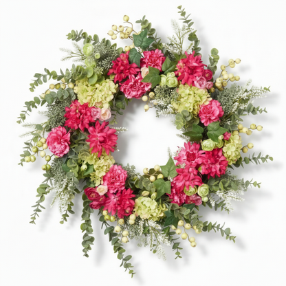 Handcrafted Pink Dahlia & Eucalyptus Home Wreath – Vibrant Interior Wall Decor