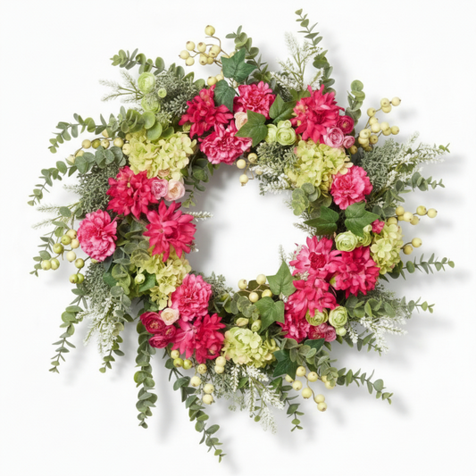 Handcrafted Pink Dahlia & Eucalyptus Home Wreath – Vibrant Interior Wall Decor