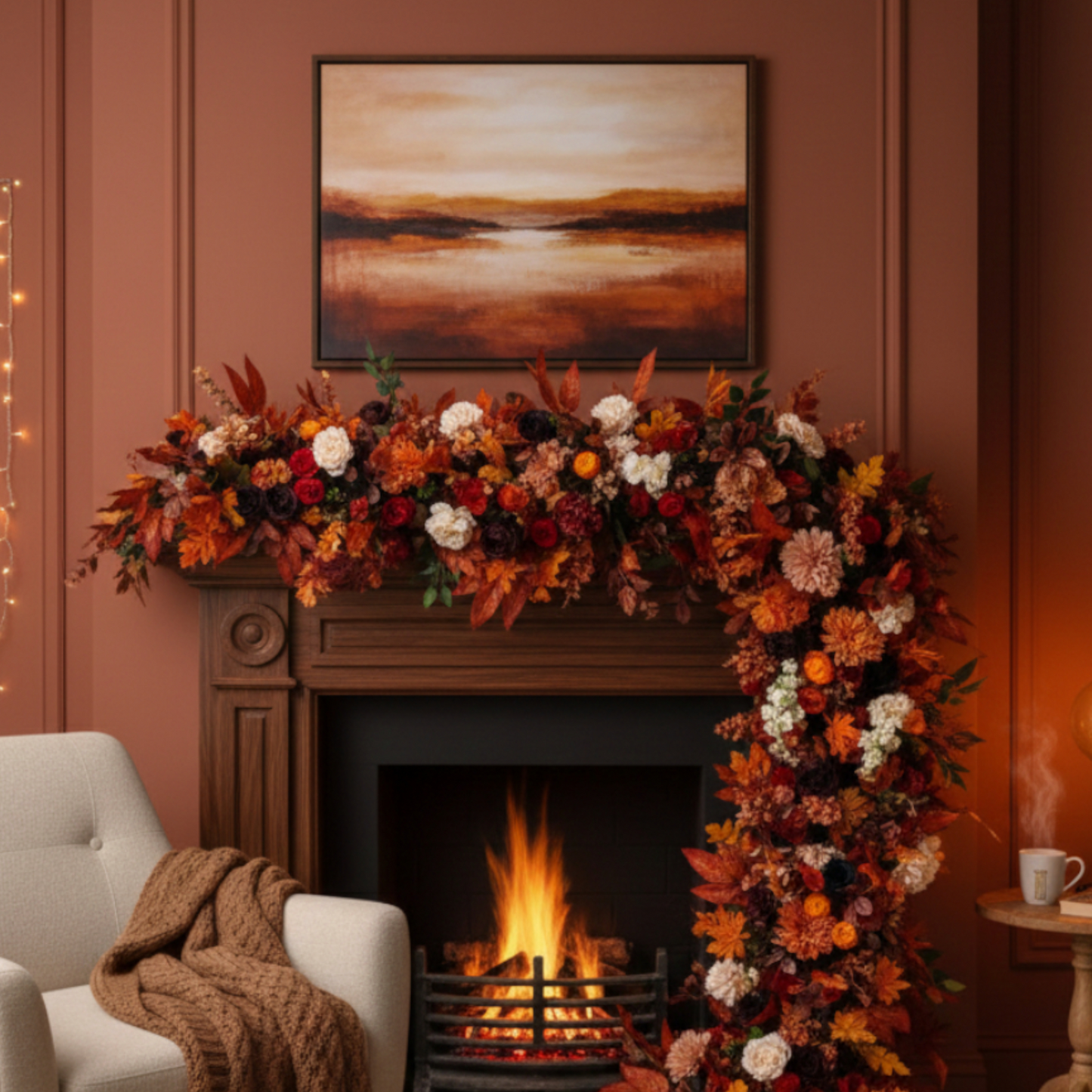 idnight Harvest Floral Garland Luxury Gothic Autumnal Runner with White Pumpkins