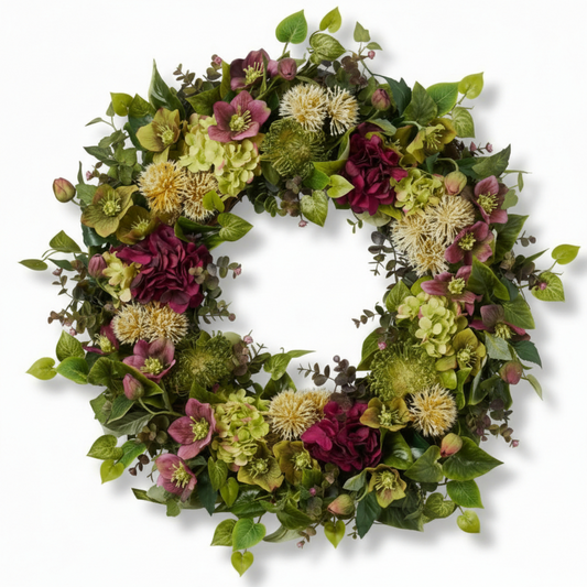 Handcrafted Classic Home Wreath – Burgundy Hellebore & Sage Hydrangea Decor