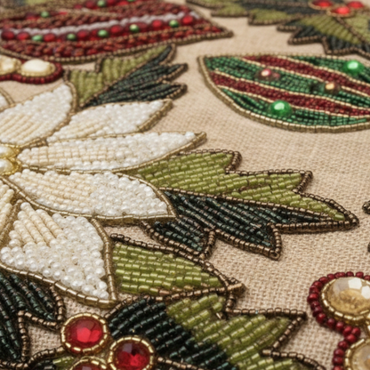 Luxe Beaded Poinsettia Holiday Runner with Artisanal Gemstone Accents