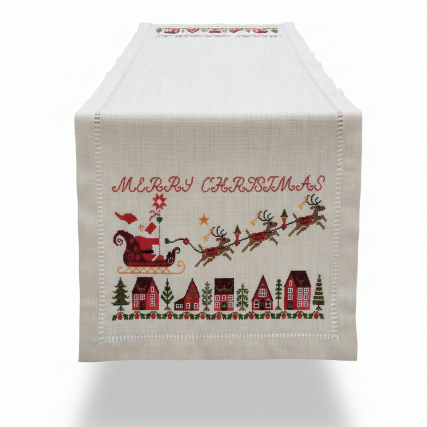 Embroidered Merry Christmas Table Runner with Santa's Sleigh and Reindeer Motif