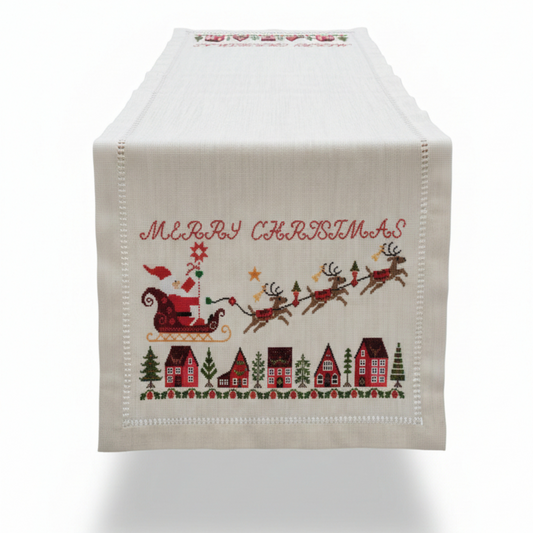 Embroidered Merry Christmas Table Runner with Santa's Sleigh and Reindeer Motif