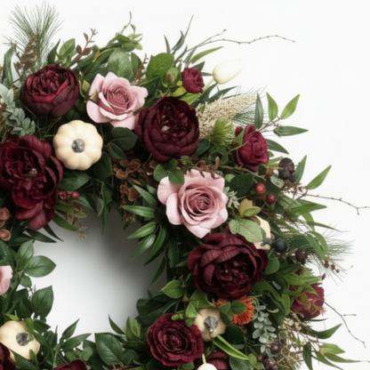 Handcrafted Classic Home Wreath – Burgundy Peony & Dusky Rose Floral Decor